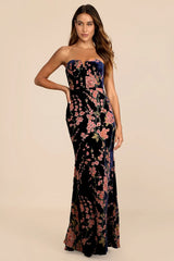 Bloom In Mind Navy Blue Floral Print Velvet Strapless Maxi Dress