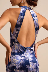 Celestara Navy Floral Velvet Backless Mermaid Maxi Dress