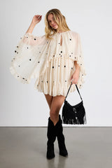 Rhozie Cream Embroidered Swiss Dot Cape Sleeve Tiered Mini Dress