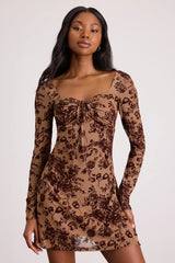 Ardella Light Brown Floral Mesh Long Sleeve Mini Dress
