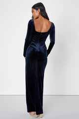 Forever Sensational Navy Blue Velvet Long Sleeve Maxi Dress