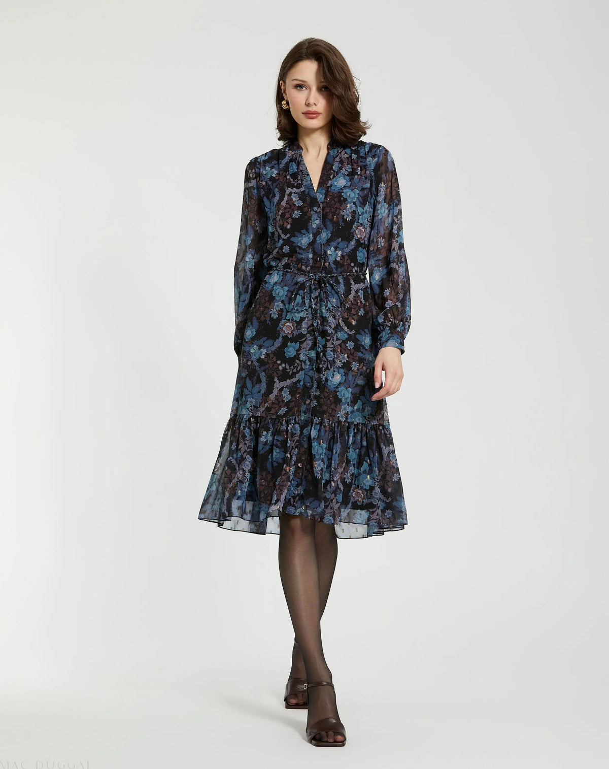 Blue Lurex Chiffon Bishop Sleeve Button Up Midi Dress