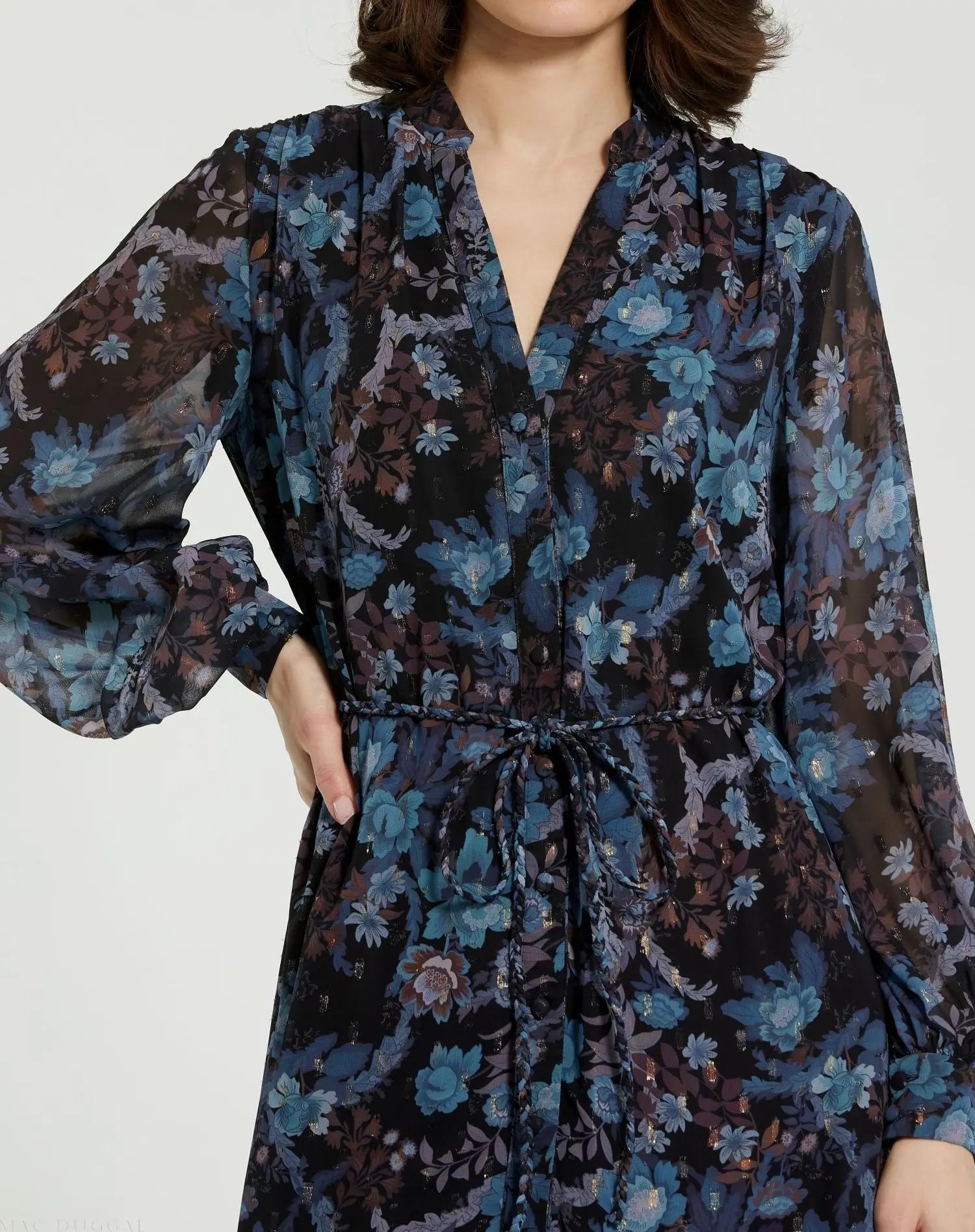 Blue Lurex Chiffon Bishop Sleeve Button Up Midi Dress