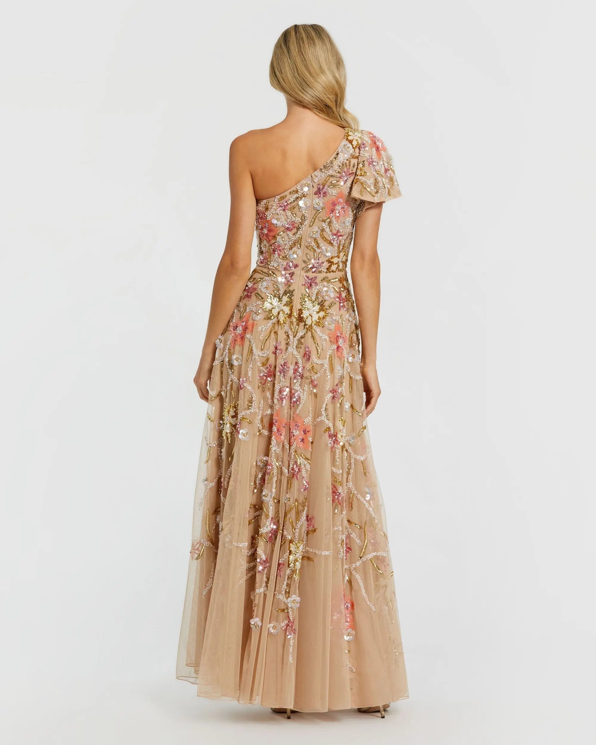 Gold One Shoulder Floral Embellished Gown