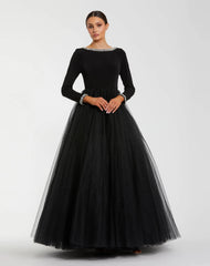 Black Embellished Jersey Long Sleeve Ball Gown With Tulle Skirt