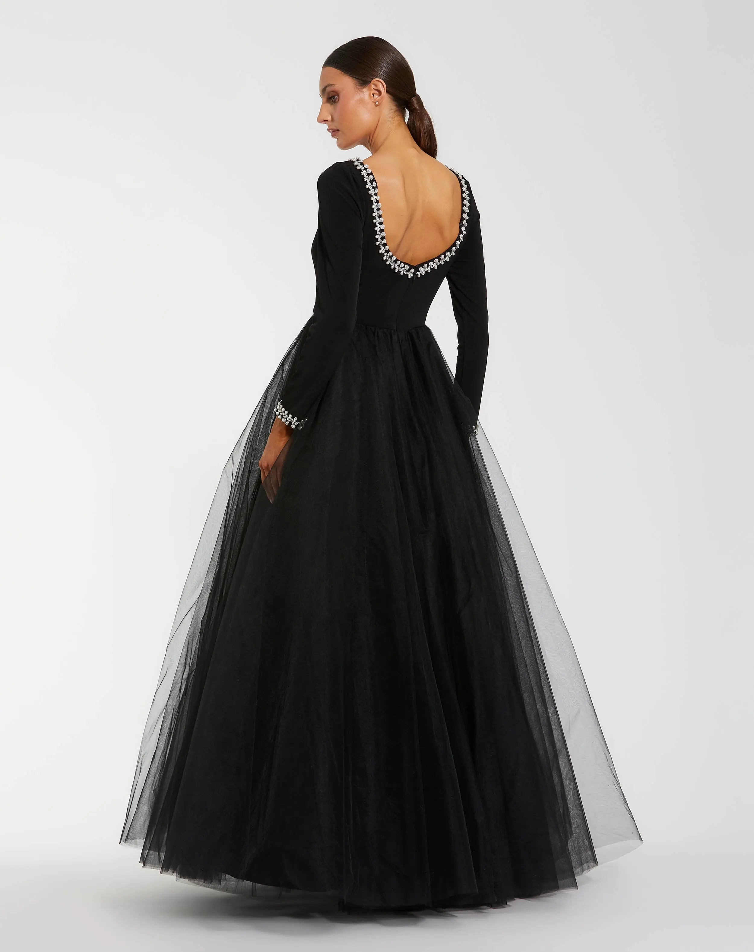 Black Embellished Jersey Long Sleeve Ball Gown With Tulle Skirt
