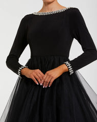 Black Embellished Jersey Long Sleeve Ball Gown With Tulle Skirt