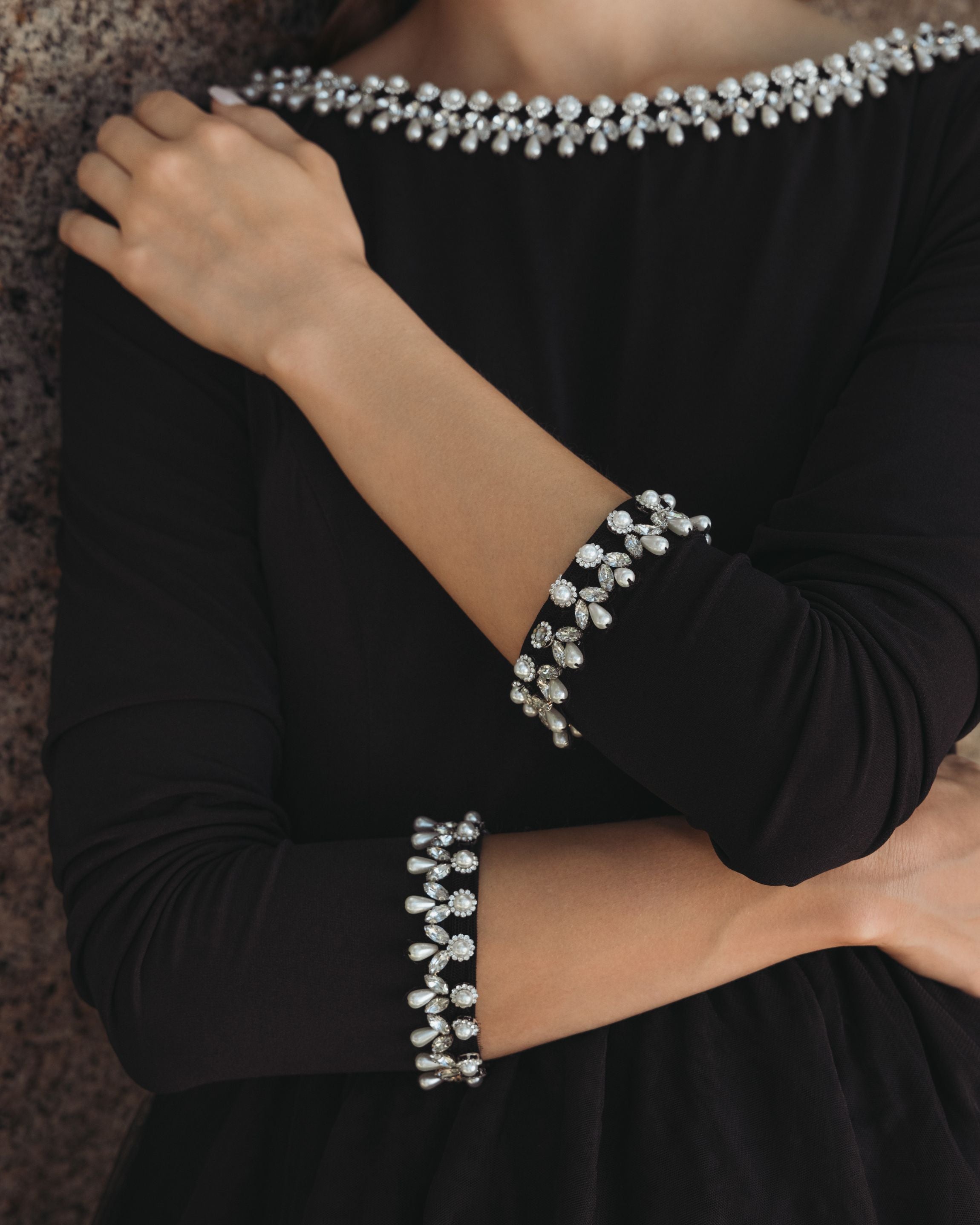 Black Embellished Jersey Long Sleeve Ball Gown With Tulle Skirt