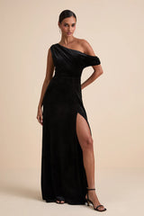 Coveted Confidence Black Velvet Asymmetrical Maxi Dress