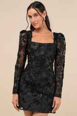 Masterfully Eloquent Black 3D Floral Mini Dress