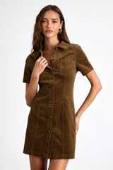 Rhienne Dark Olive Corduroy Button-Front Short Sleeve Mini Dress