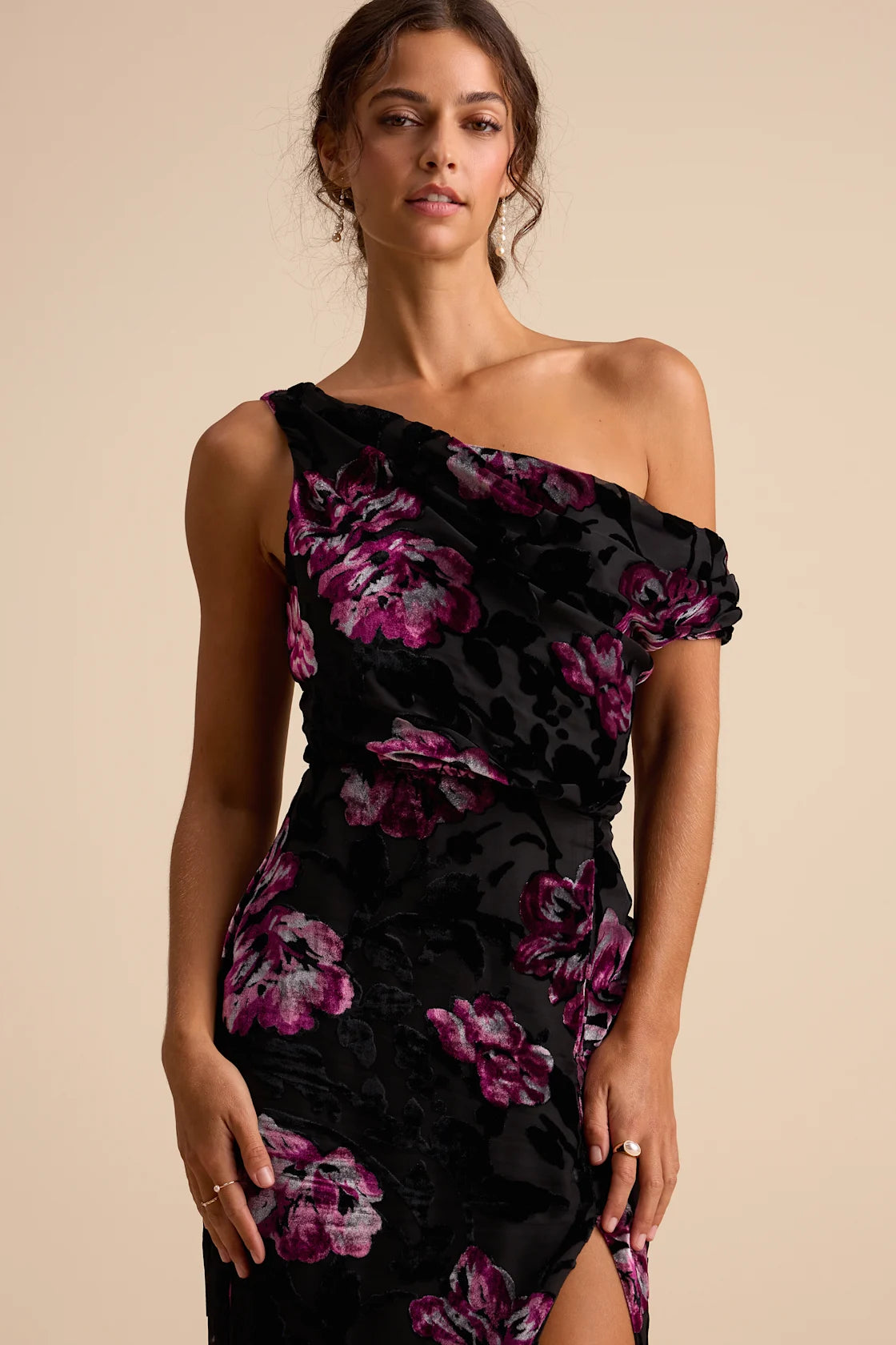 Marnella Burgundy Floral Velvet Burnout Asymmetrical Maxi Dress