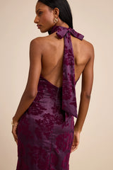 Kyliana Plum Purple Satin Burnout Velvet Halter Maxi Dress