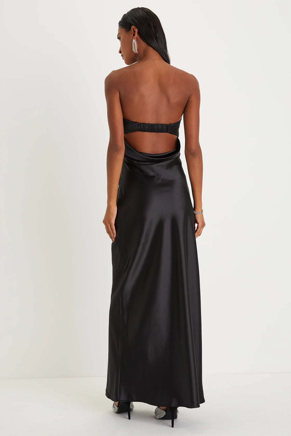 Exquisite Shine Black Satin Rhinestone Strapless Maxi Dress