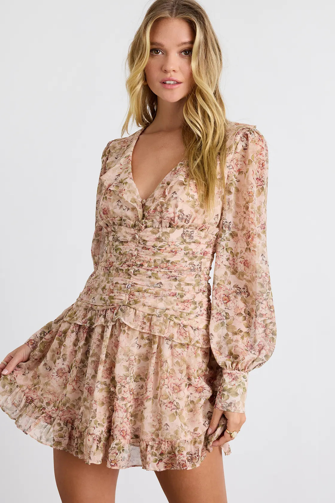 Ismini Beige Multi Patchwork Long Sleeve Mini Dress