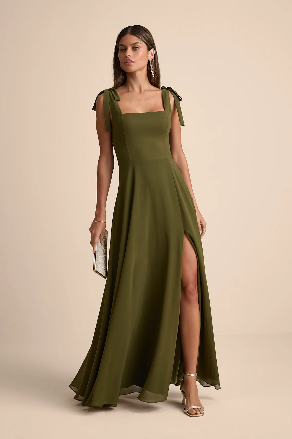 Love Me Forever Olive Green Tie-Strap Square Neck Maxi Dress