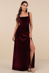 Graceful Invite Dark Plum Velvet Square Neck Lace-Up Maxi Dress