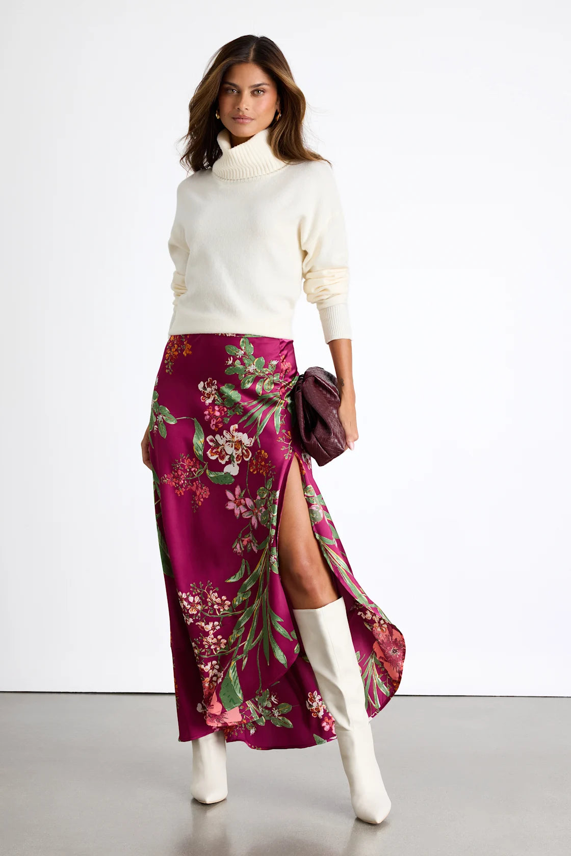 Superbly Stunning Navy Floral Print Satin Maxi Skirt