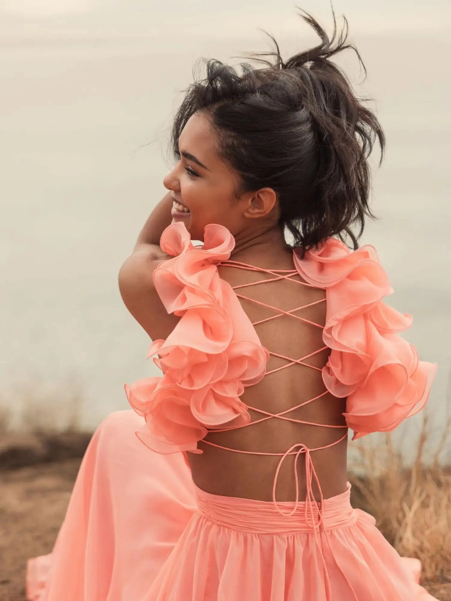 Pink Ruffle Tiered Cut-Out Chiffon Gown