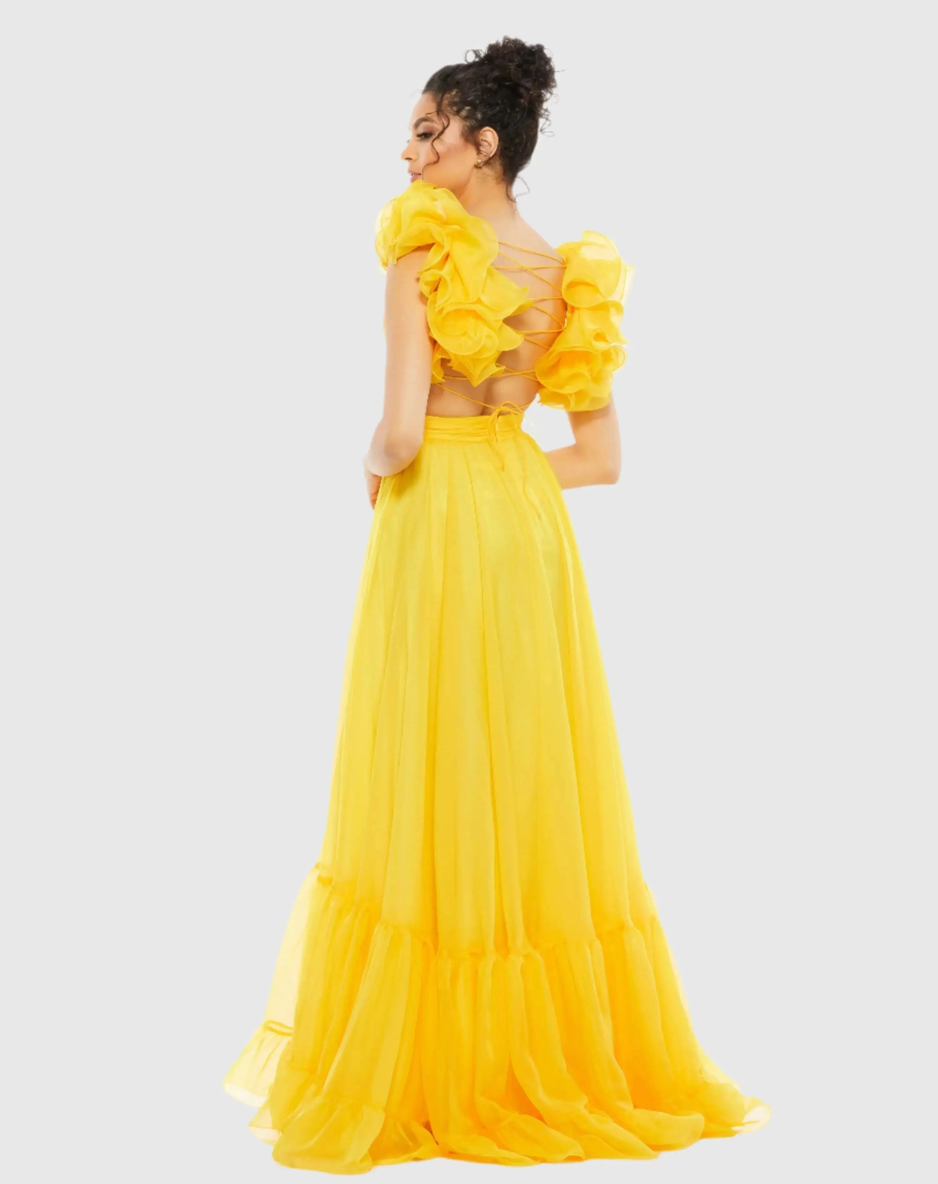 Yellow Ruffle Tiered Cut-Out Chiffon Gown