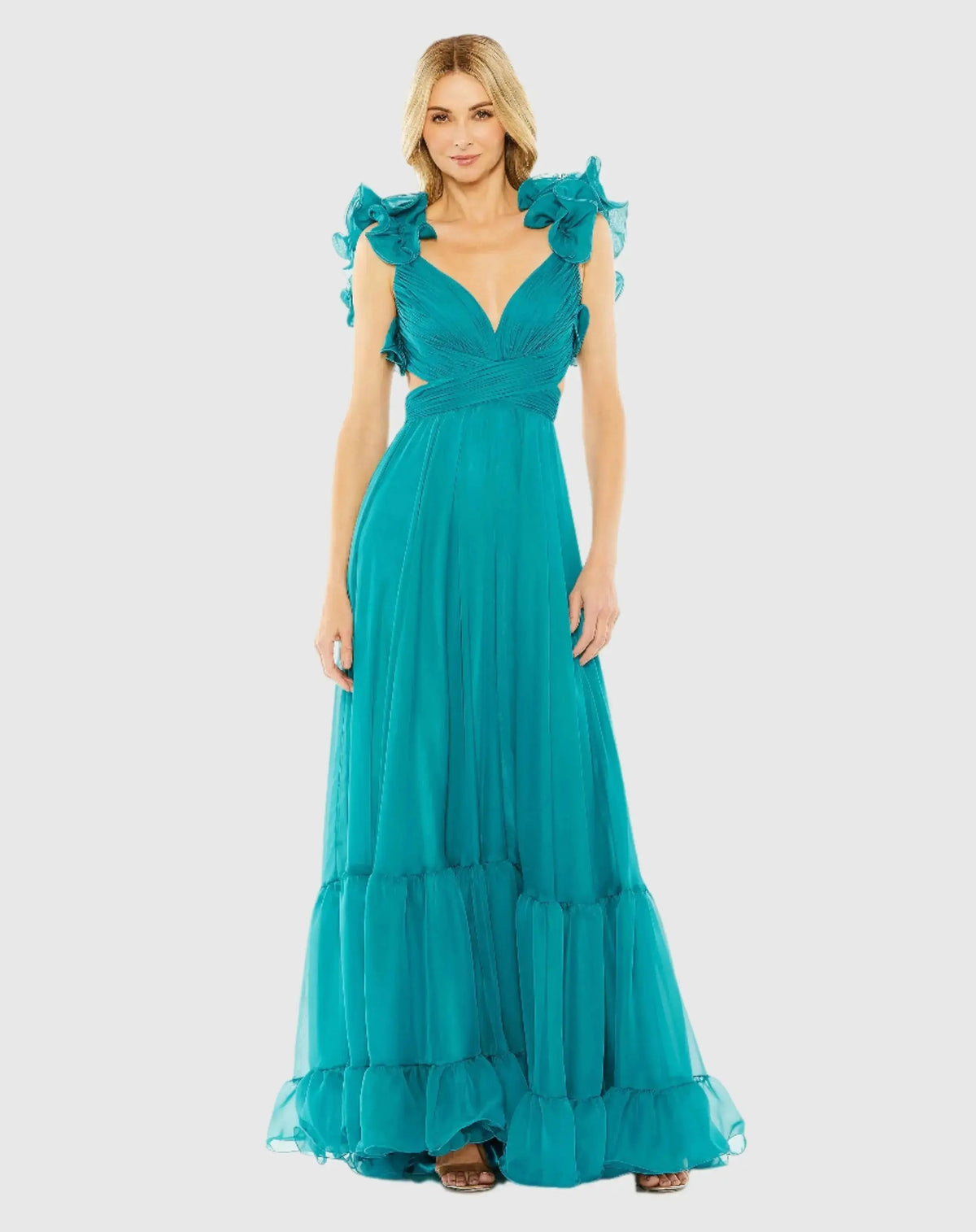 Blue Ruffle Tiered Cut-Out Chiffon Gown