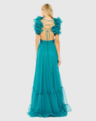 Blue Ruffle Tiered Cut-Out Chiffon Gown