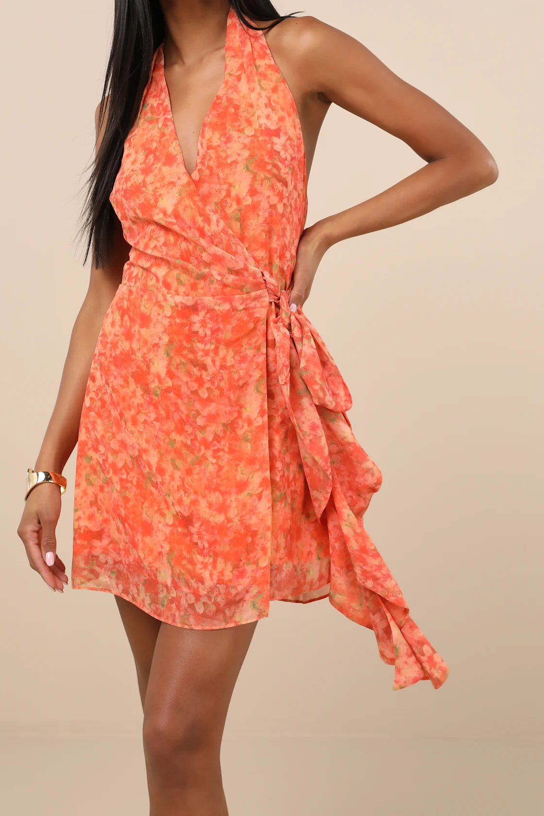 Felicita Brown Boho Print Halter Wrap Mini Dress