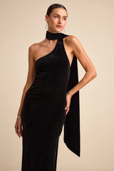 Eleni Dusty Olive Velvet One-Shoulder Sash Maxi Dress