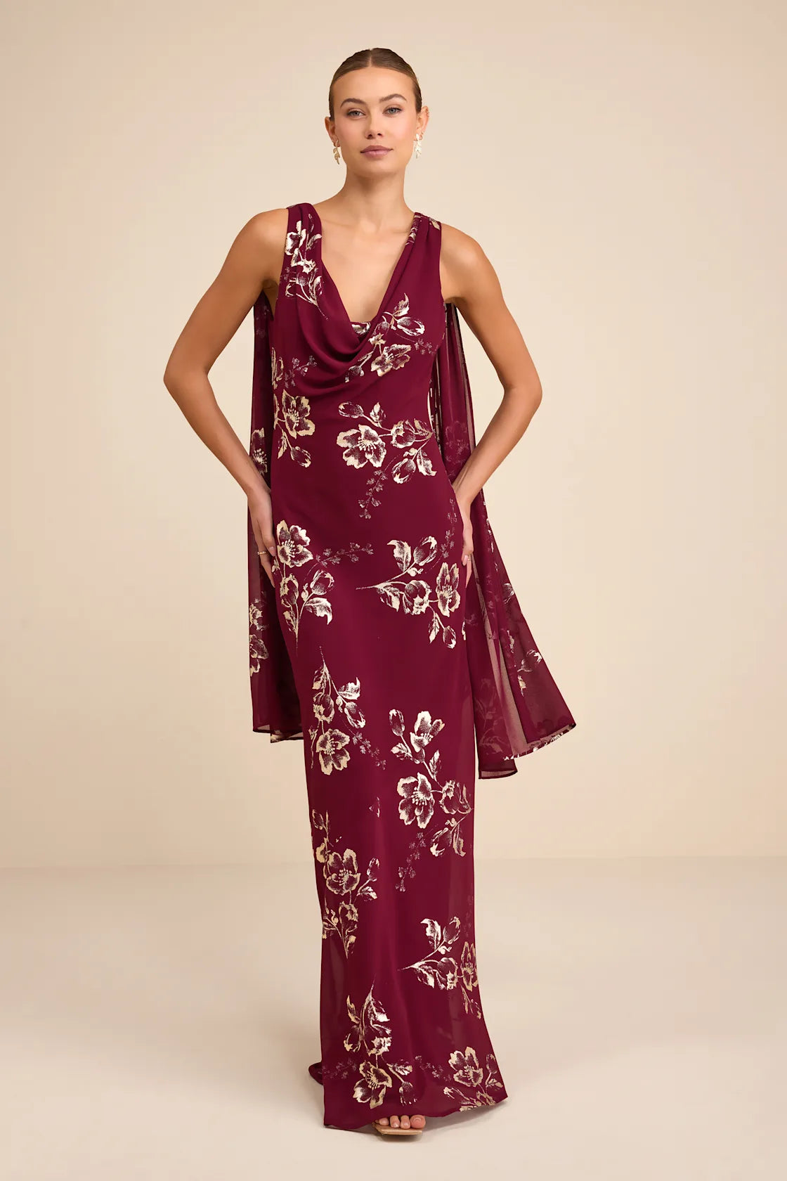 Sidonia Burgundy and Gold Floral Cowl Sash Maxi Dress