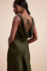 Aernah Wine Red Satin Cowl Tie-Back Slip Maxi Dress