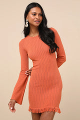 Sabi Orange Pointelle Knit Long Sleeve Mini Dress