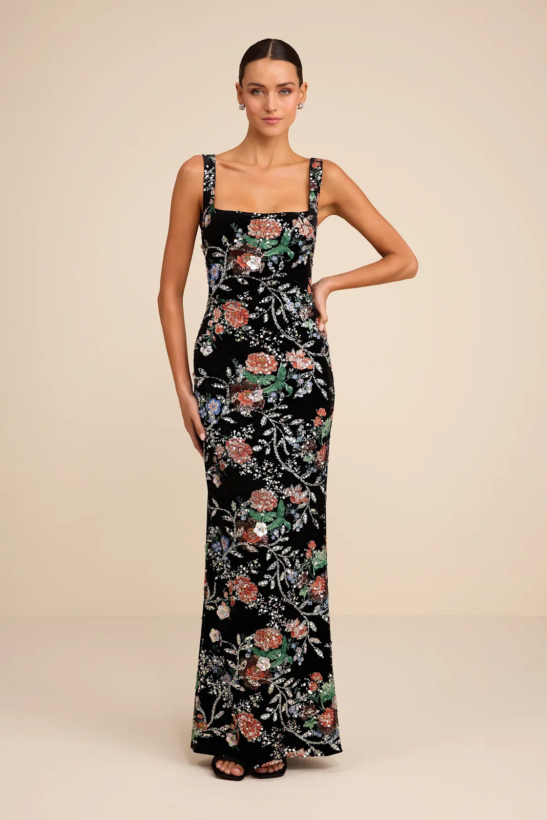 Camesha Black Multi Floral Velvet Sequin Maxi Dress