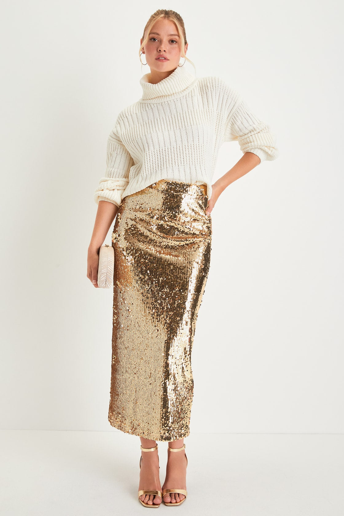 Dazzling Appearance Gold Sequin High-Rise Midi Skirt