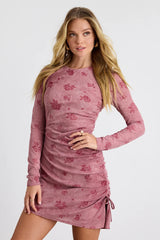 Laudie Mauve Pink Rose Print Ruched Mini Dress