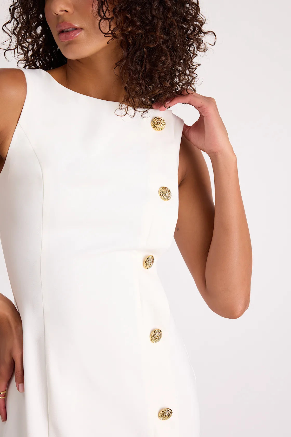 Paedyn White Boat Neck Side-Button Mini Dress