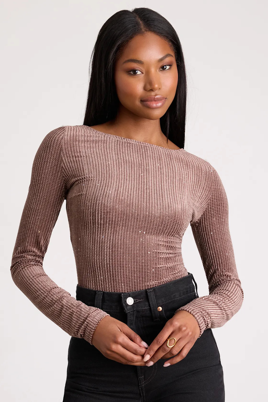 Gina Olive Green Shiny Velvet Long Sleeve Top