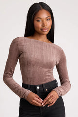 Gina Olive Green Shiny Velvet Long Sleeve Top