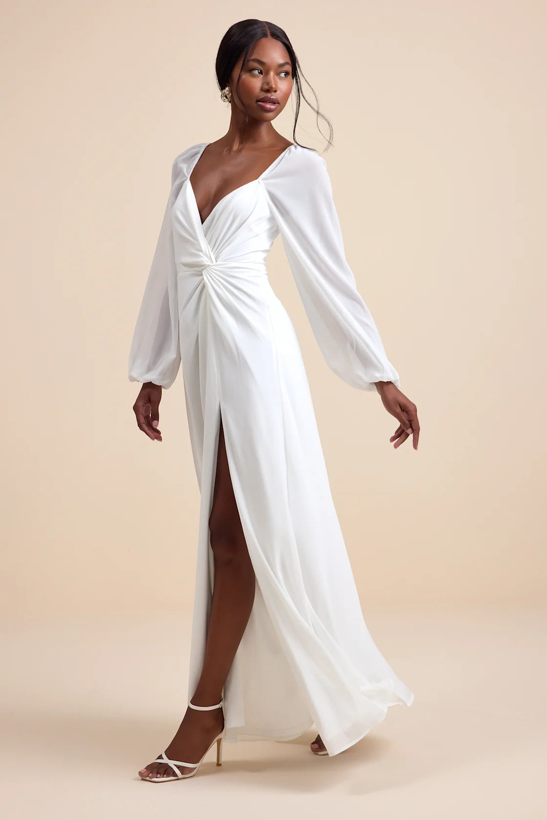 Composed Soiree White Twist-Front Long Sleeve Maxi Dress