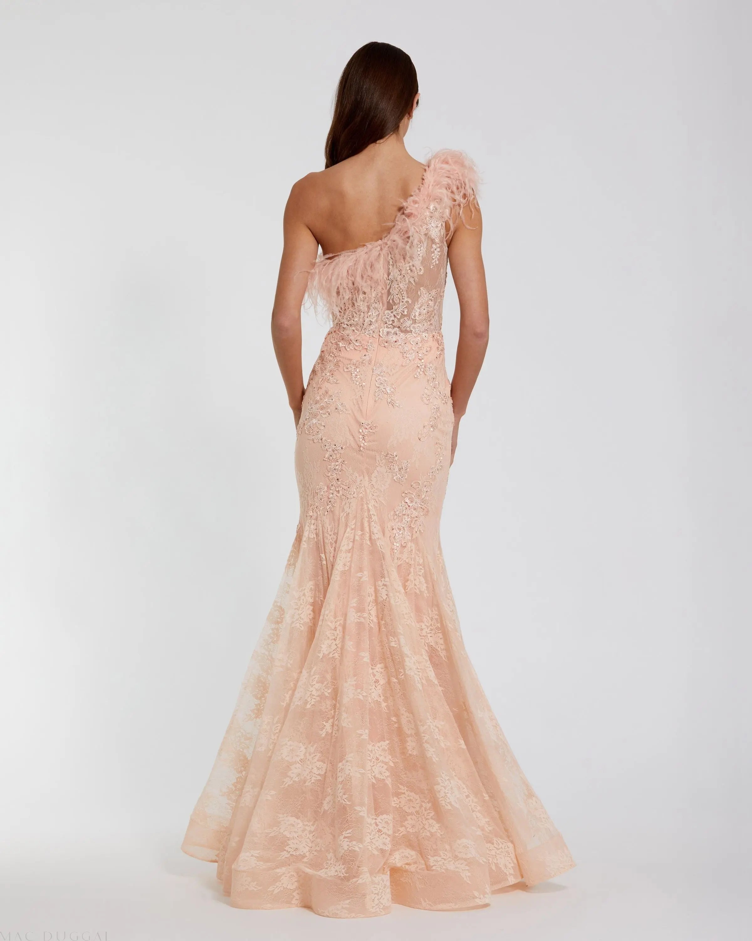 Pink One Shoulder Feather Embellished Mermaid Gown
