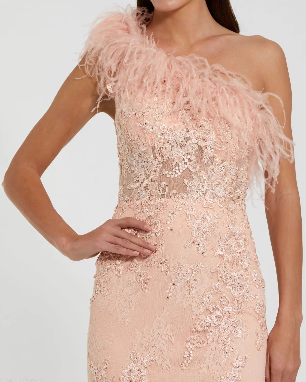 Pink One Shoulder Feather Embellished Mermaid Gown