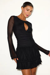 Aradia Black Mesh Keyhole Tiered Mini Dress