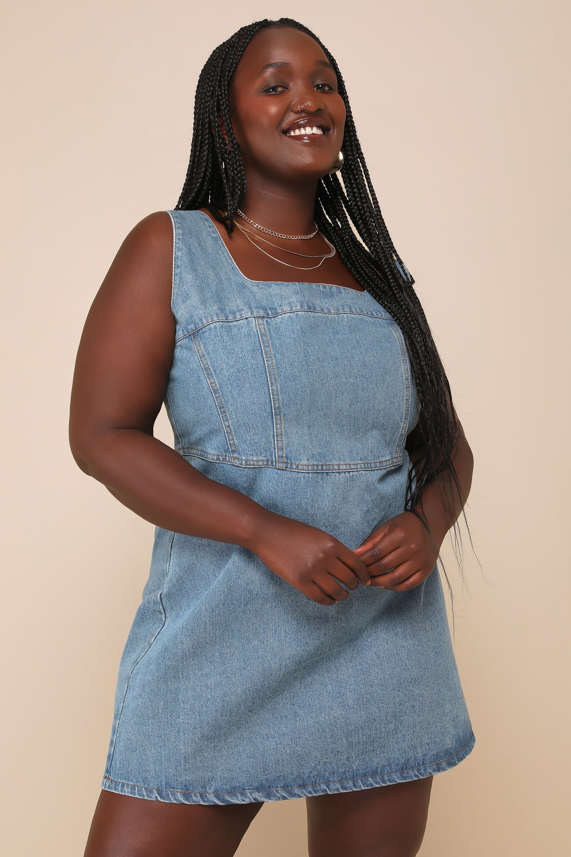 So Delighted Medium Wash Denim Corset Seam Mini Dress