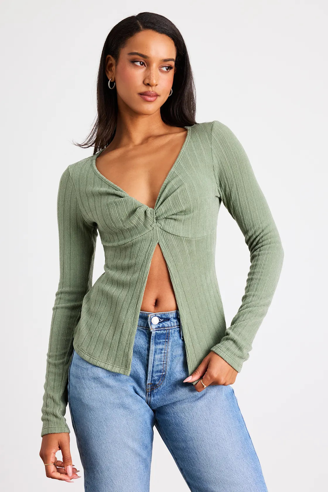 Myron Sage Ribbed Knit Twist-Front Long Sleeve Top