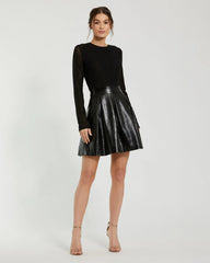 Black Mesh And Leather Long Sleeve A Line Mini Dress
