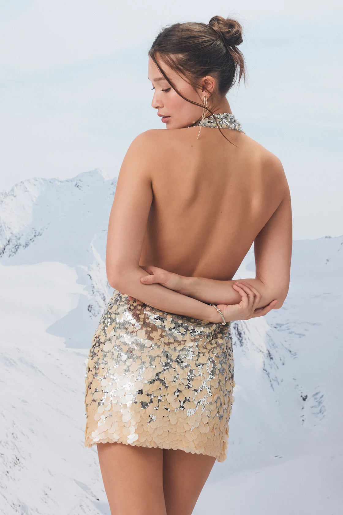 Rivera Silver and Beige Sequin Cowl Neck Mini Dress