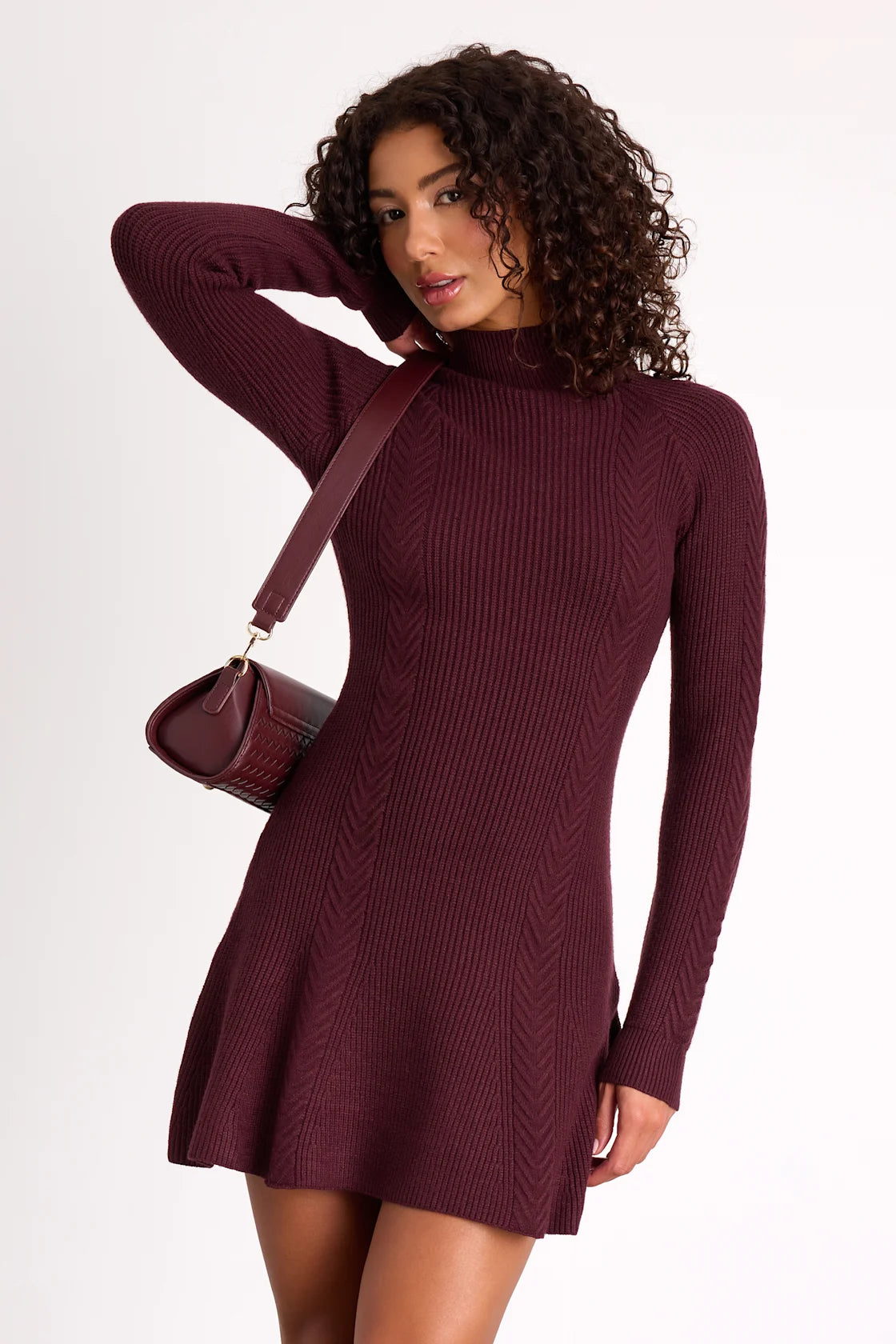 Selene Burgundy Ribbed Mock Neck Sweater Mini Dress