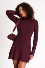 Selene Burgundy Ribbed Mock Neck Sweater Mini Dress