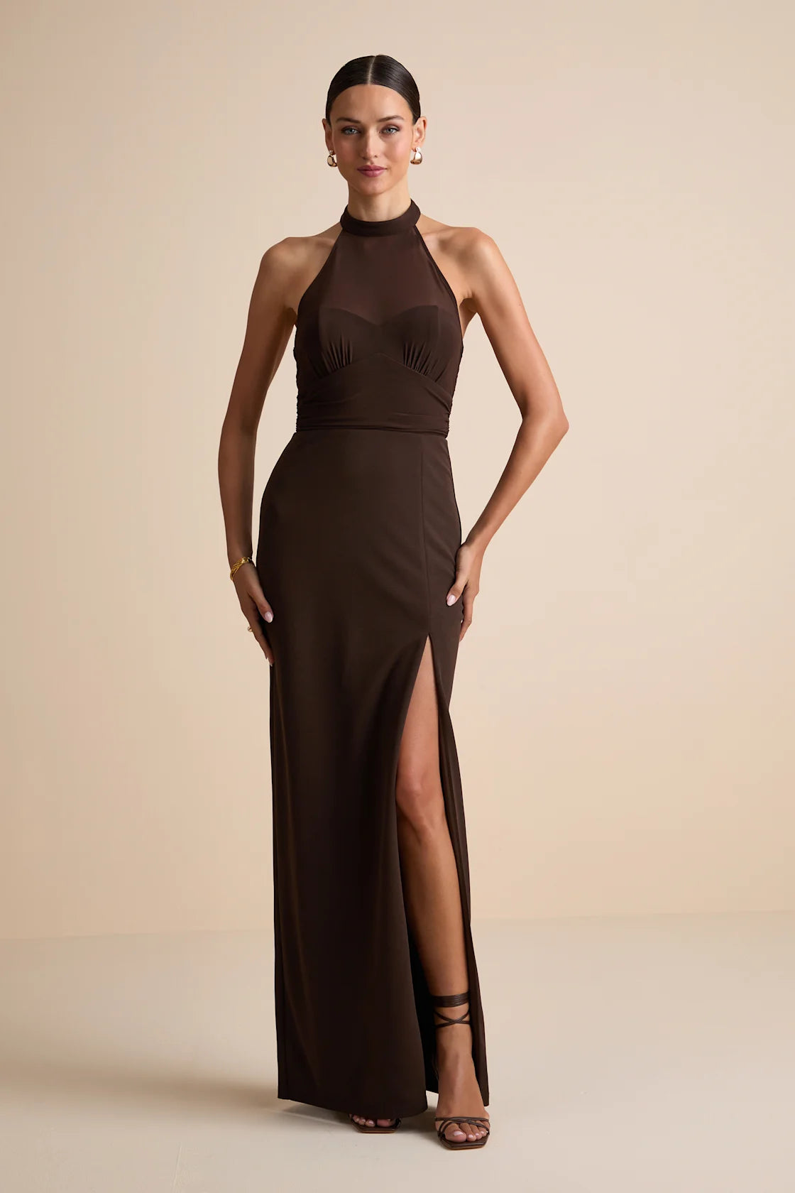 Baani Dark Brown Column Halter Maxi Dress