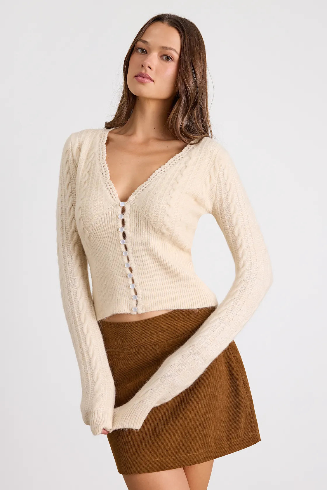 Callisto Cream Cable Knit Button-Front Cardigan