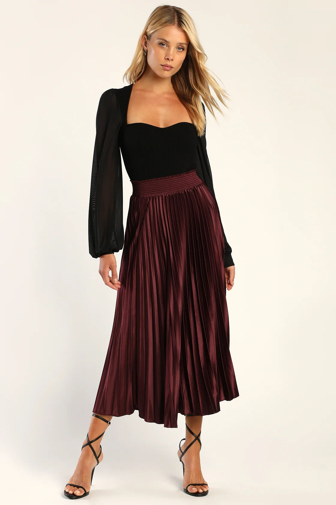 Sophisticated Vision Plum Satin Pleated Midi Skirt